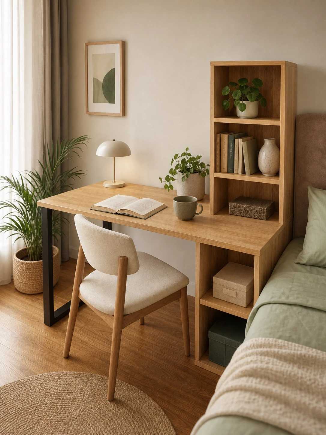 Compact natural-wood study desk with integrated side and upper shelving