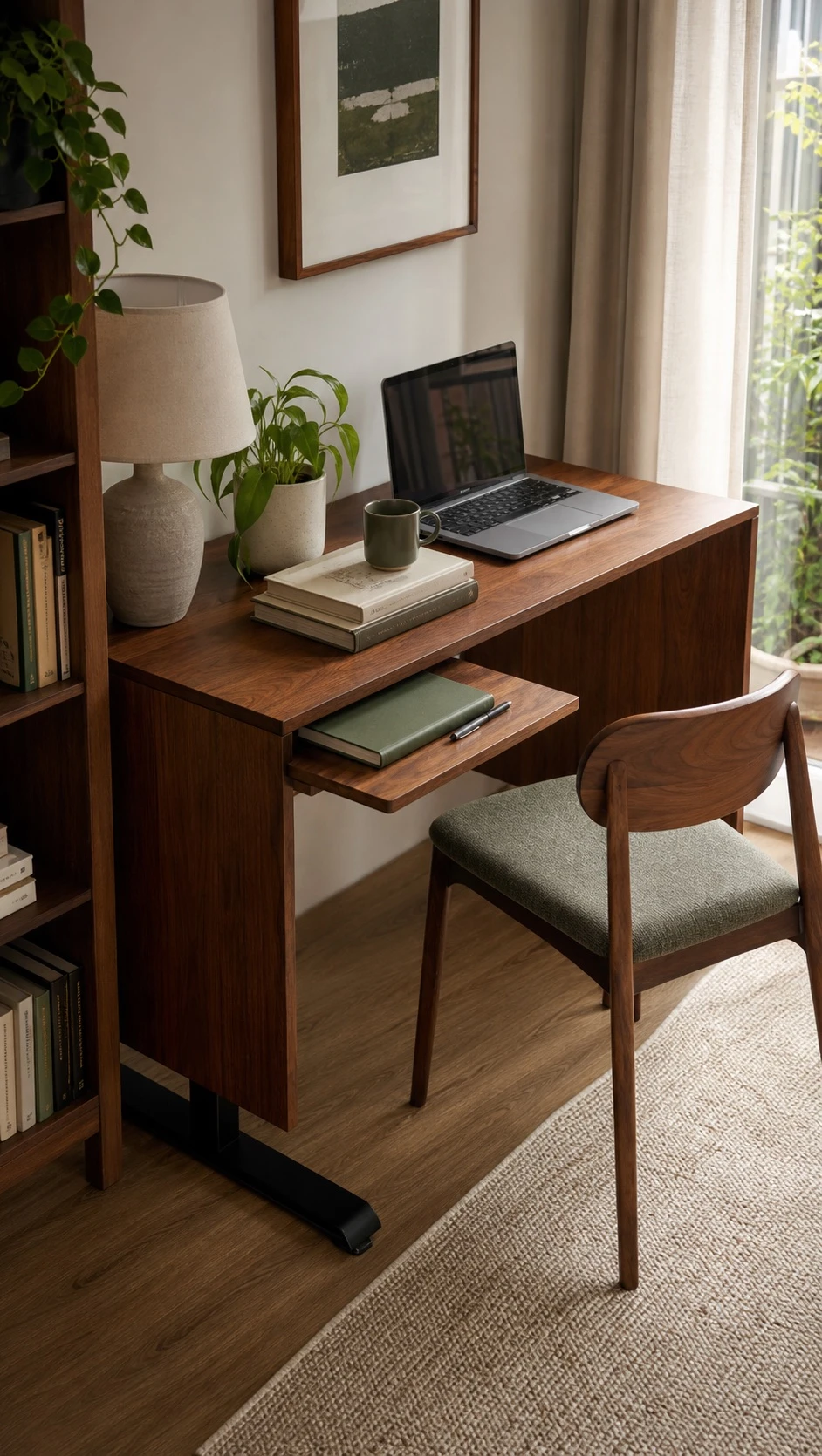 Compact adjustable desk with solid-wood side panels and a pull-out writing tray