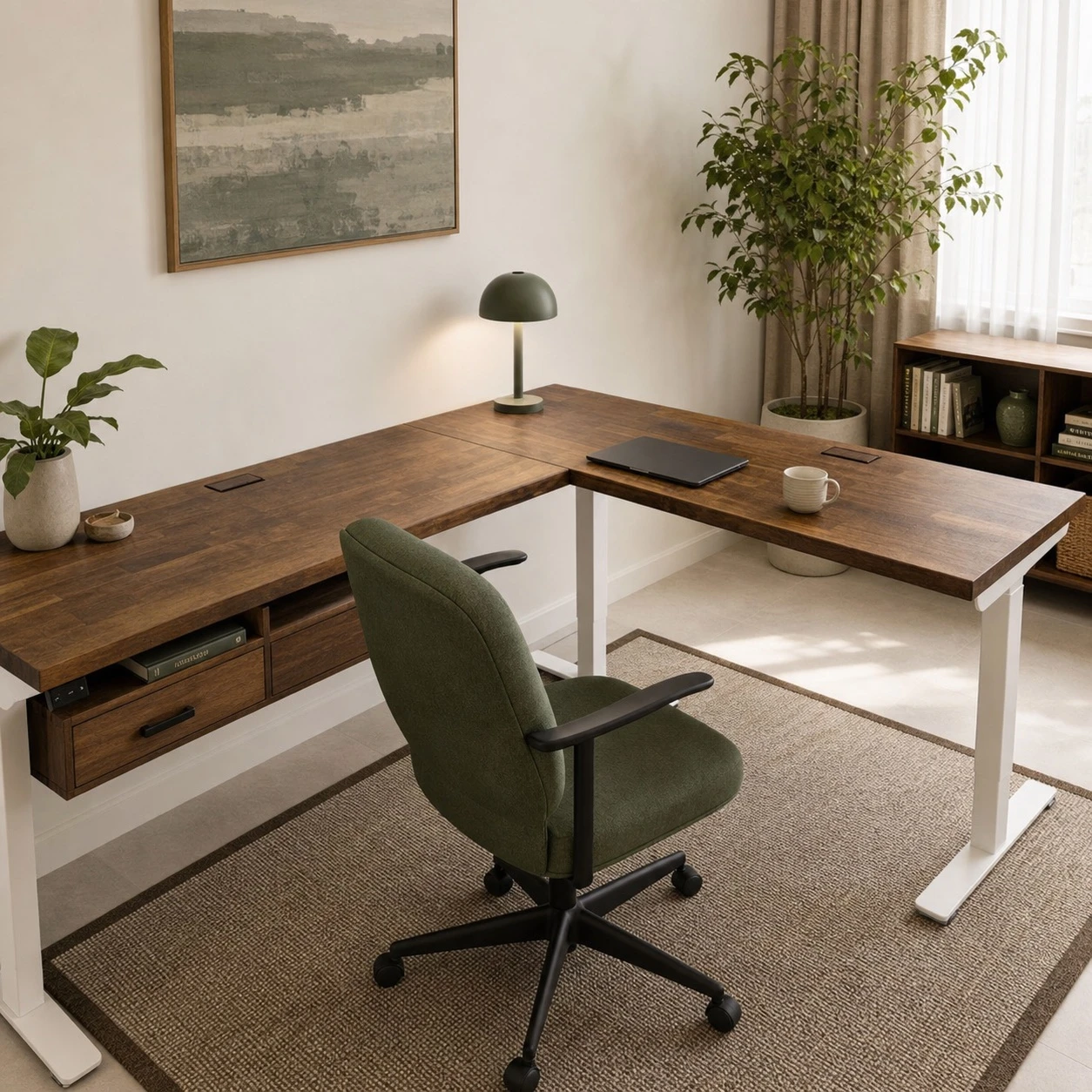 Lived-in adjustable L-shaped solid-wood desk on a white three-leg sit-stand frame