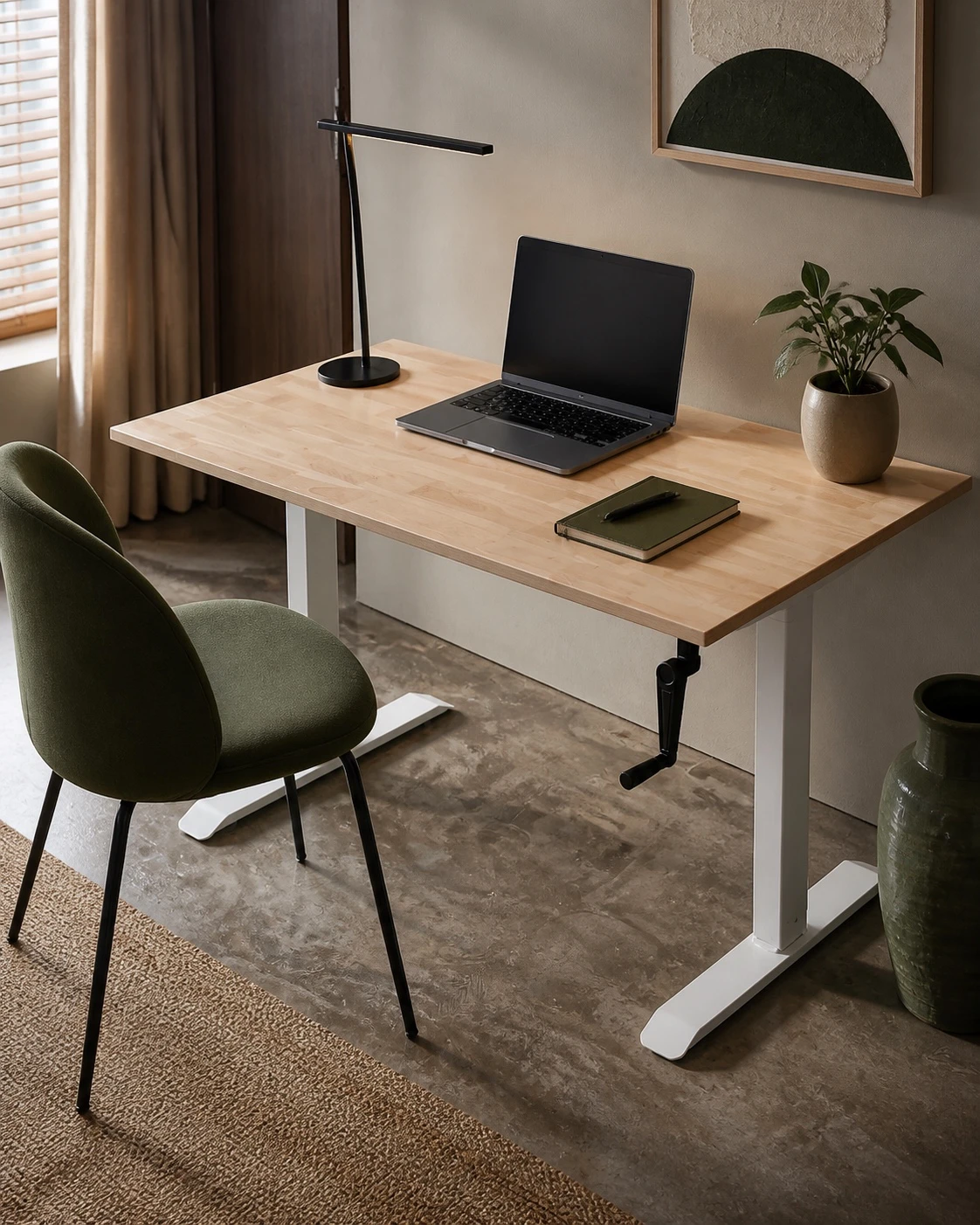 Natural-wood adjustable desk on a white hand-crank frame