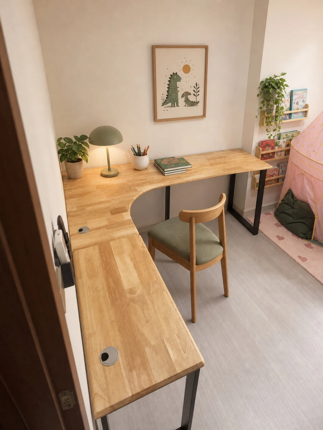 Child-friendly corner study desk with a generous solid-wood work surface