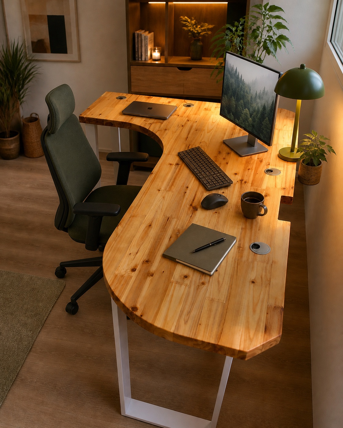 Curved L-shaped solid-wood workstation viewed from above