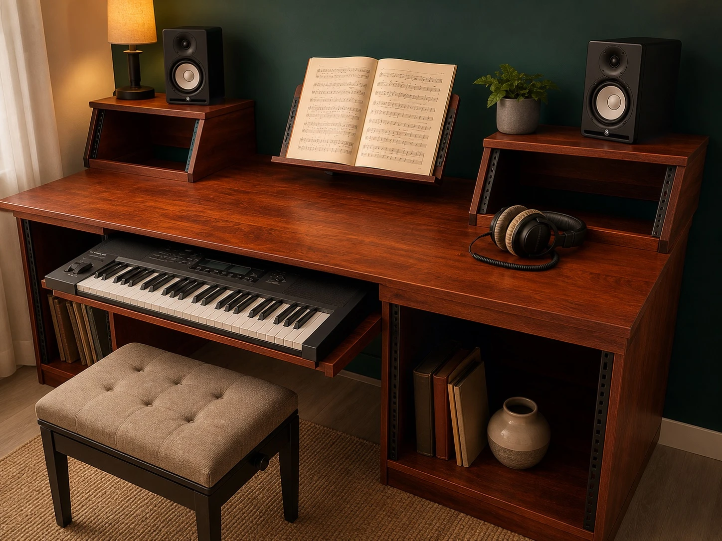 Maroon-stained piano desk with studio accessories