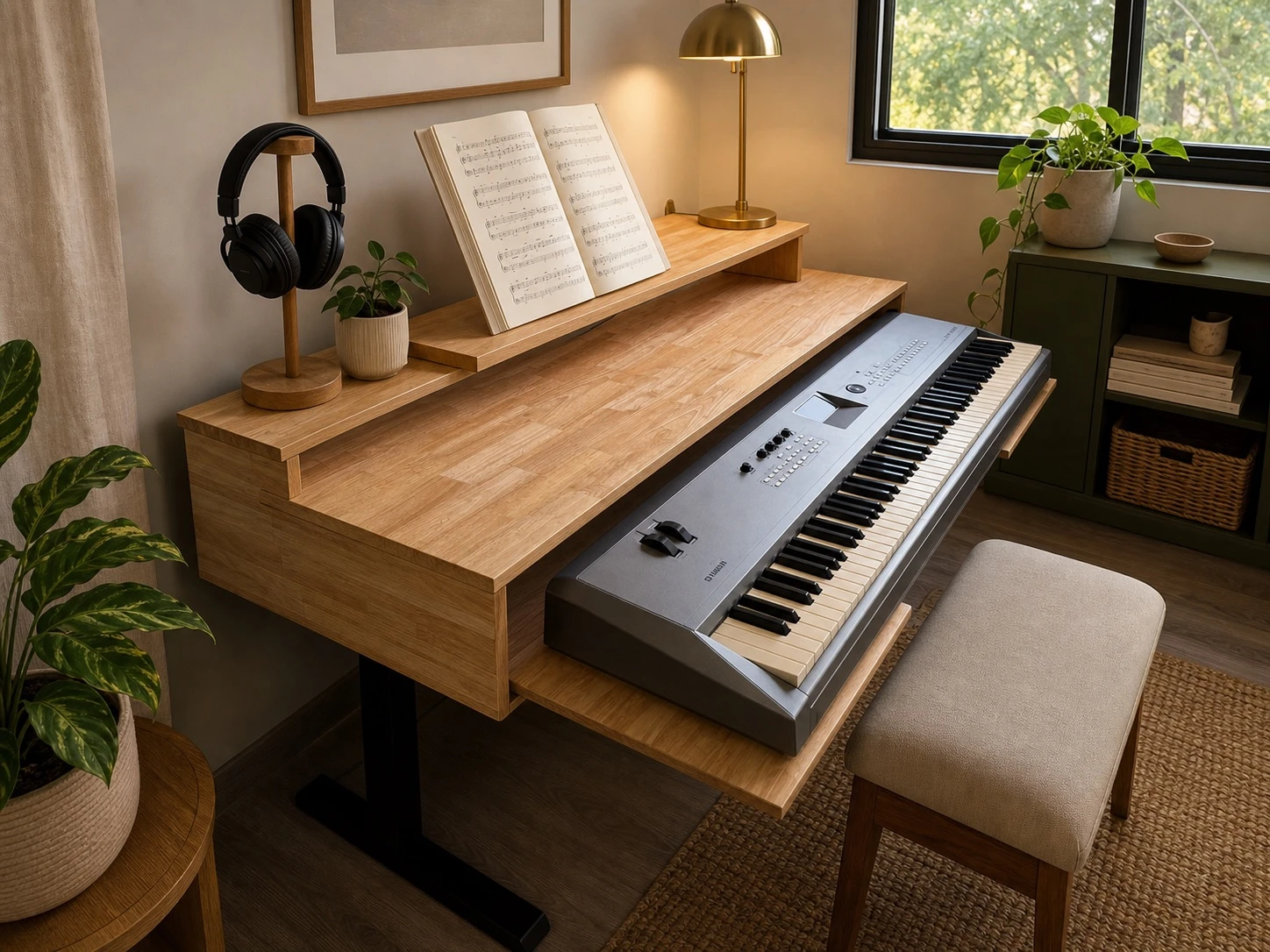 Natural-wood piano desk staged in a warm home music room