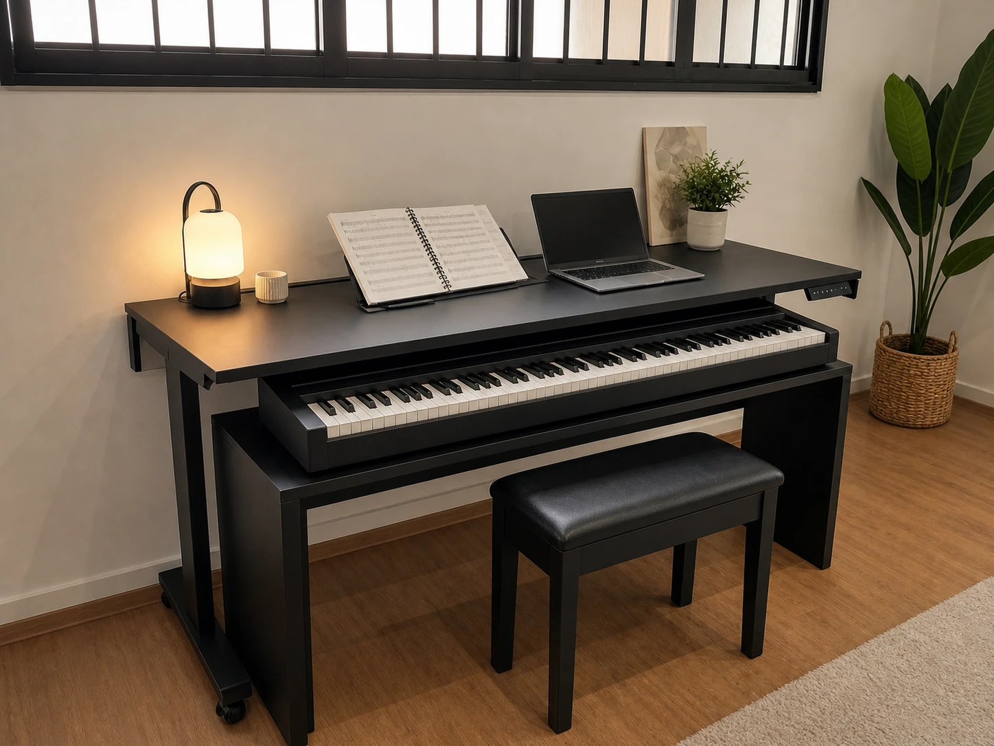 Nested black production desks with a digital piano, laptop and piano bench