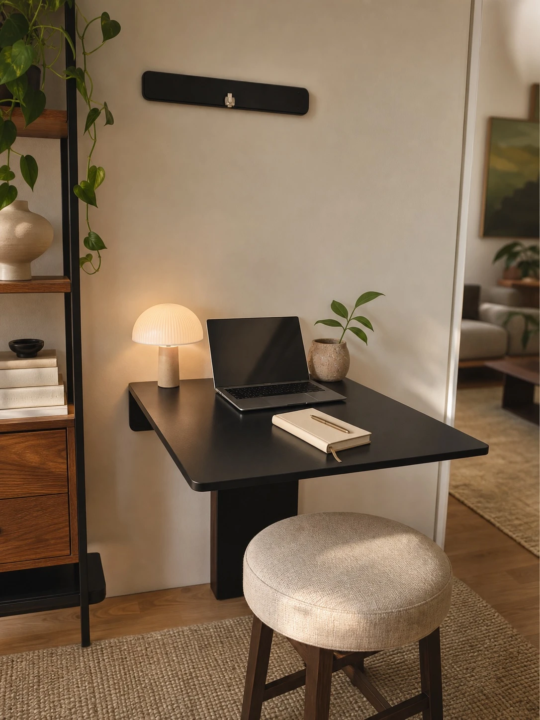 Space-saving wall-mounted folding desk shown open for use