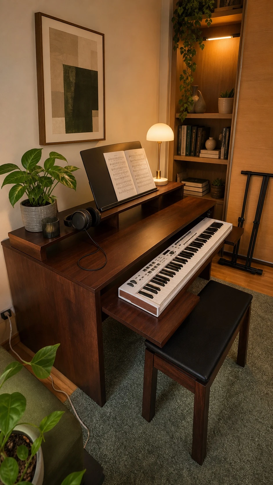 Solid-wood workstation designed around a digital piano
