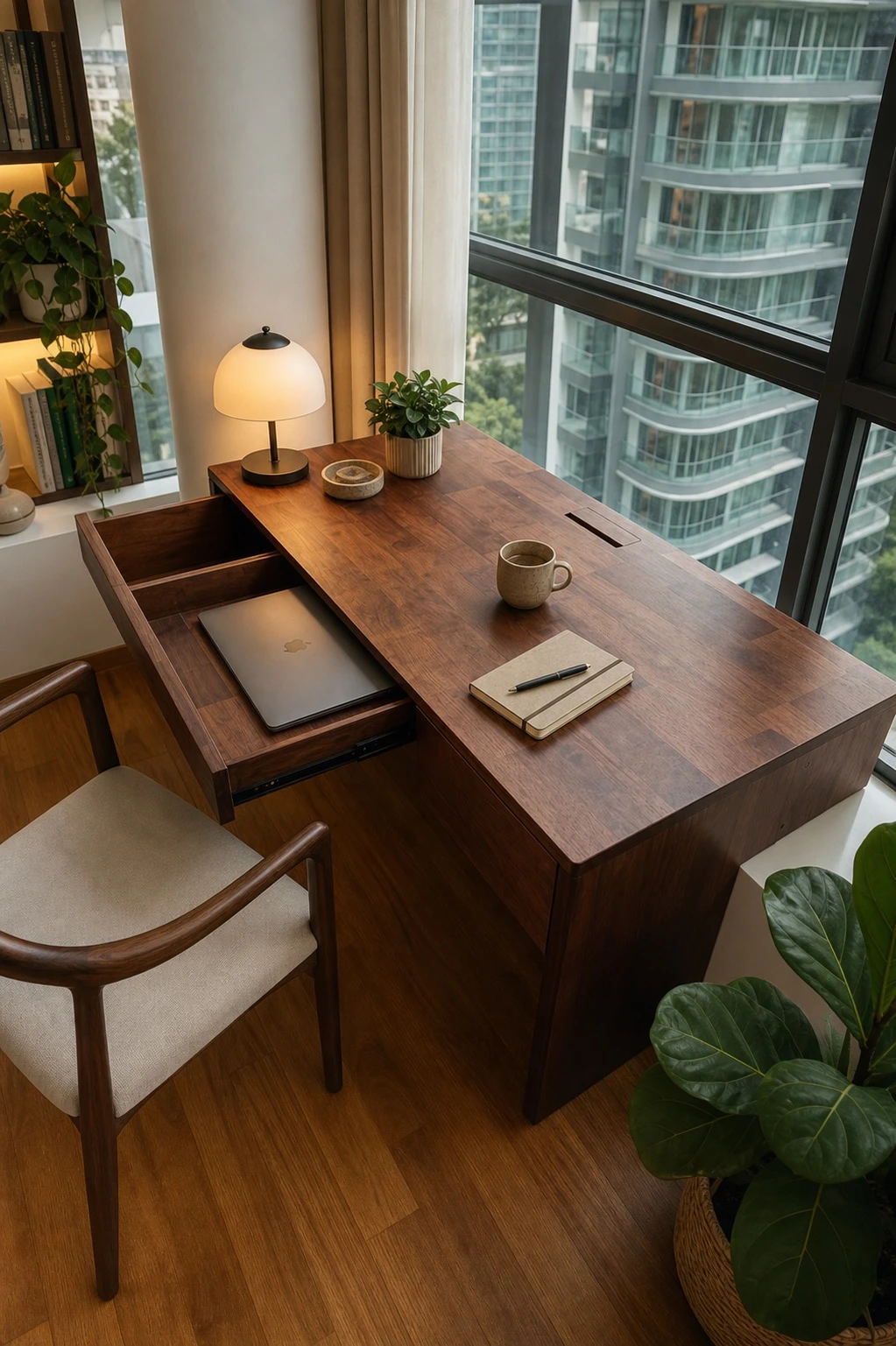 Compact window desk with a concealed pull-out work surface