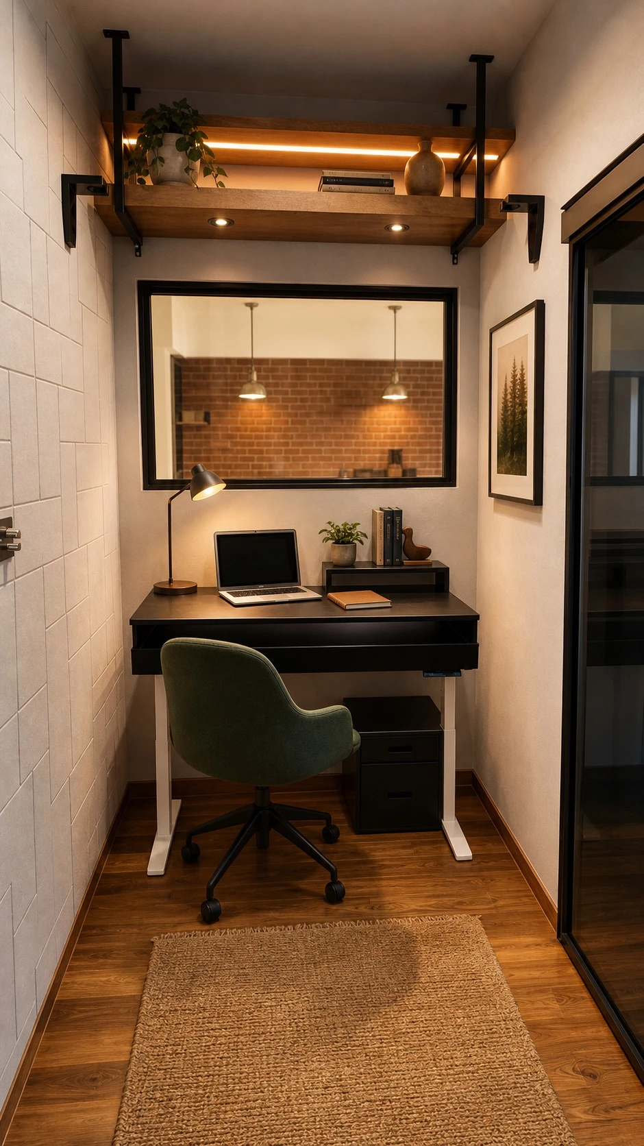 Organised adjustable desk in a warm, compact home workspace