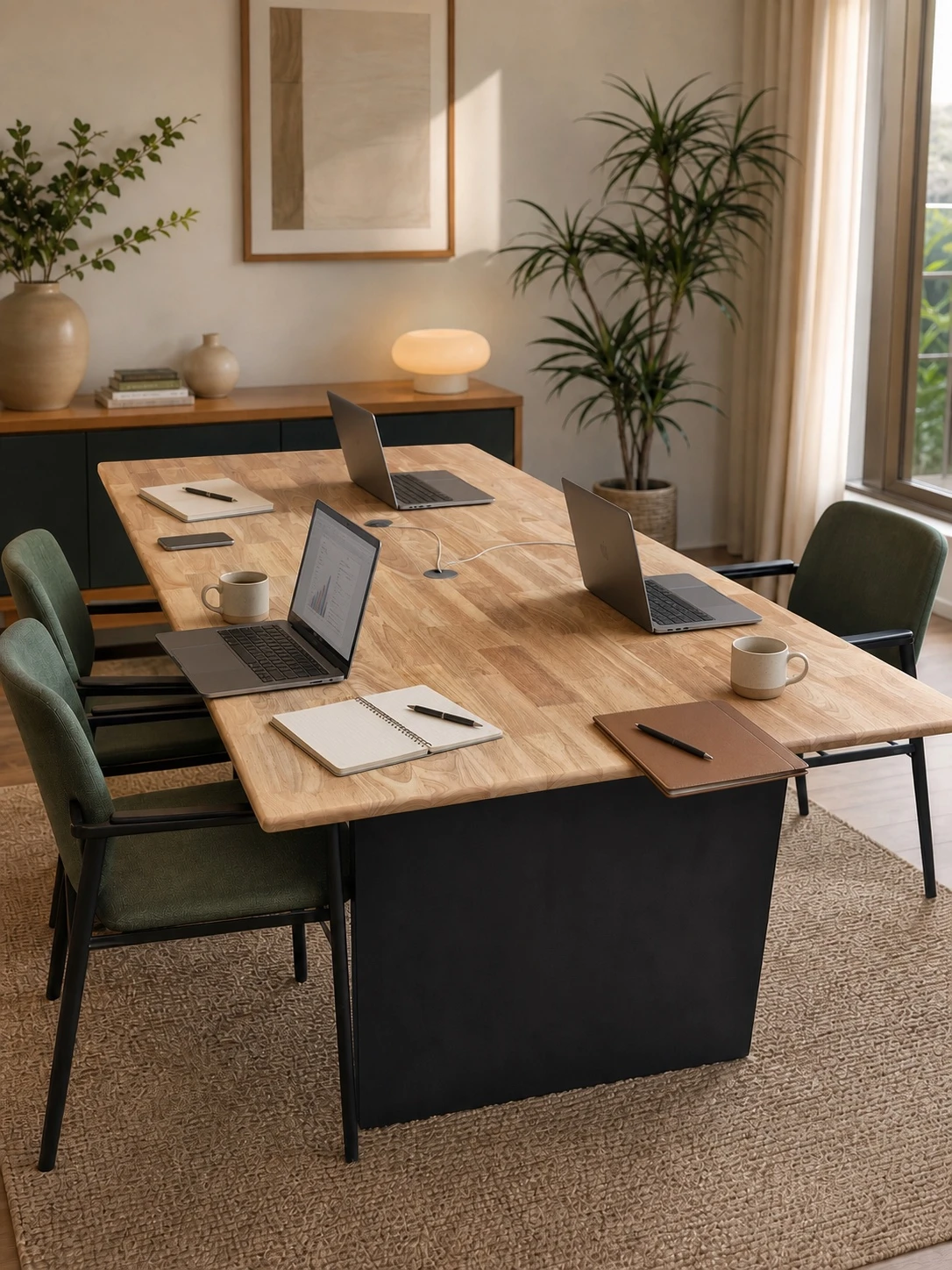 Large made-to-measure shared desk in a warm collaborative workspace