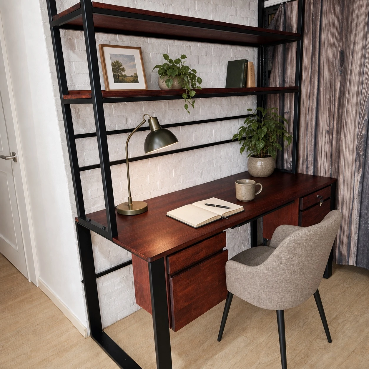 Slim floating desk mounted to the wall in a compact room