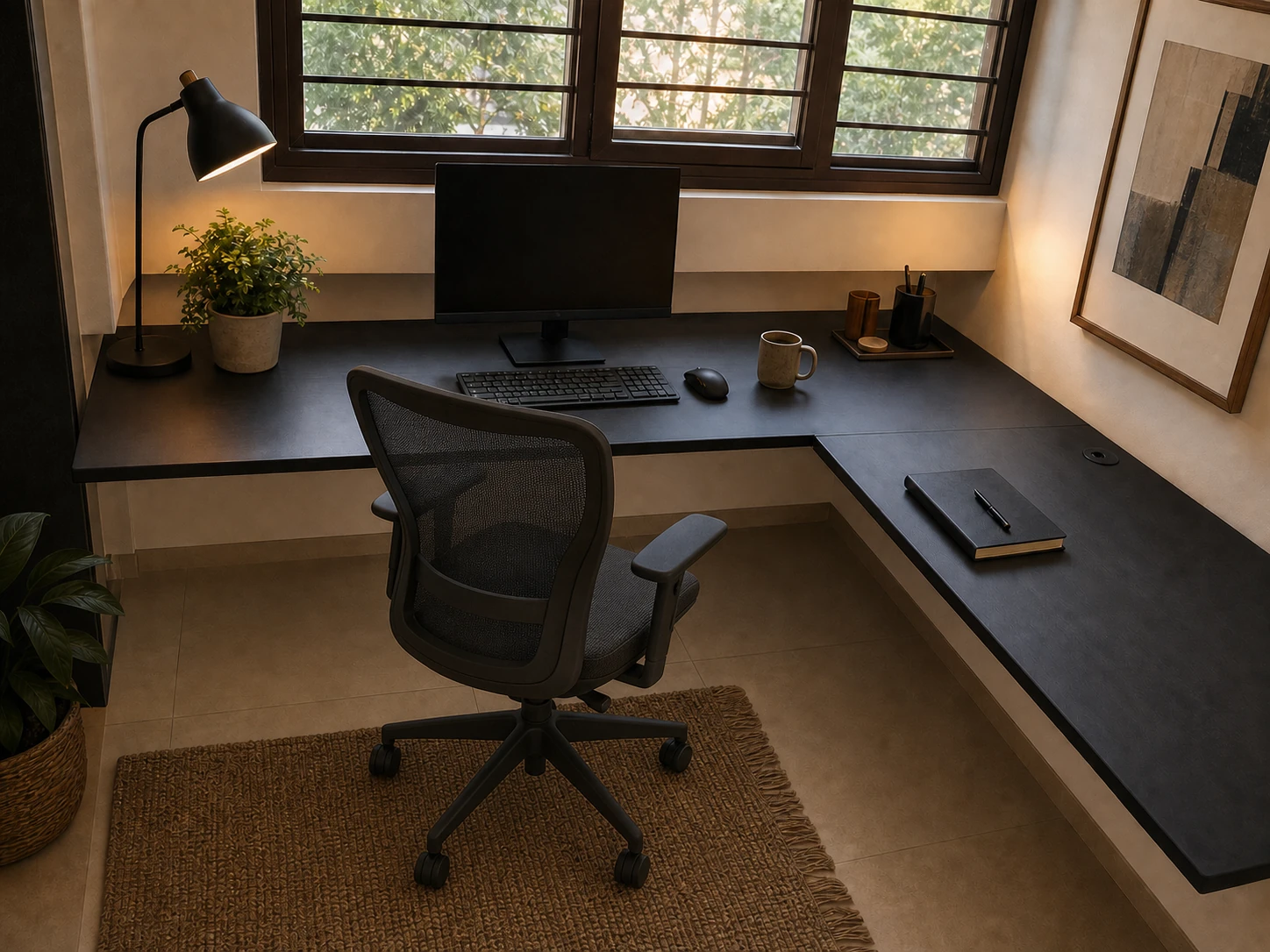 Dark wall-mounted L-shaped desk beneath a window with a computer, task lighting, plants and artwork