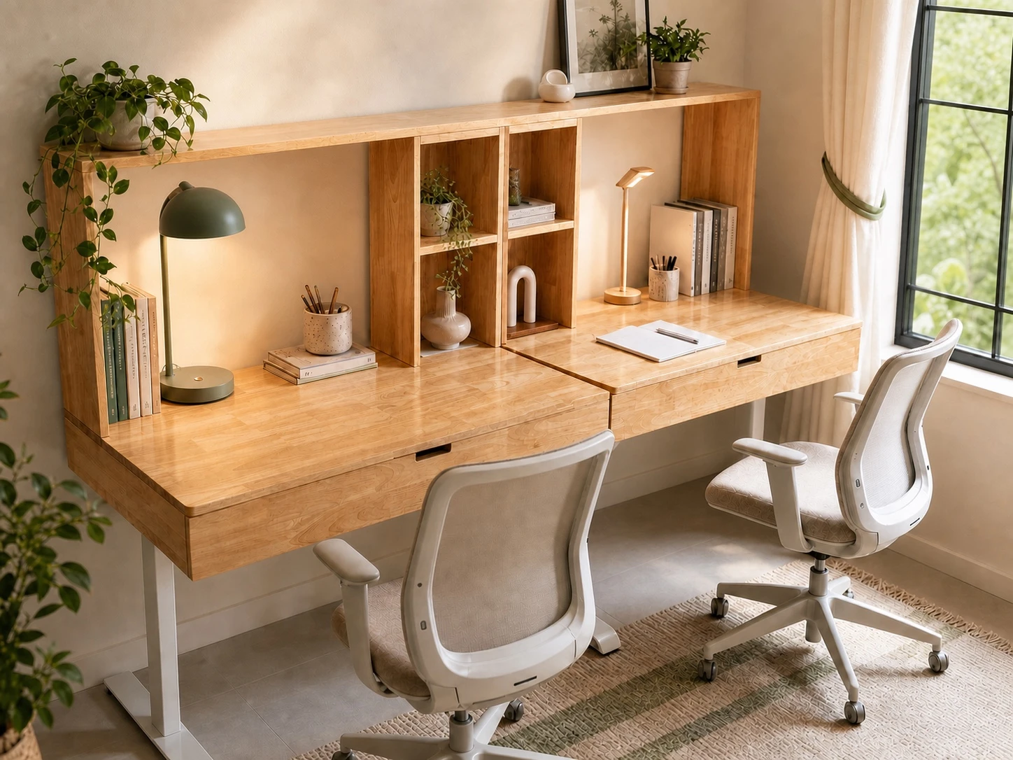 Twin adjustable solid-wood desks with integrated shelving in a bright home office