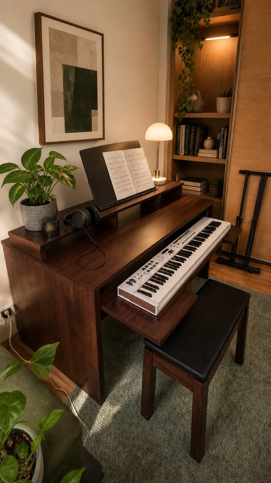 Custom solid-wood piano workstation with a pull-out keyboard tray and integrated music shelf