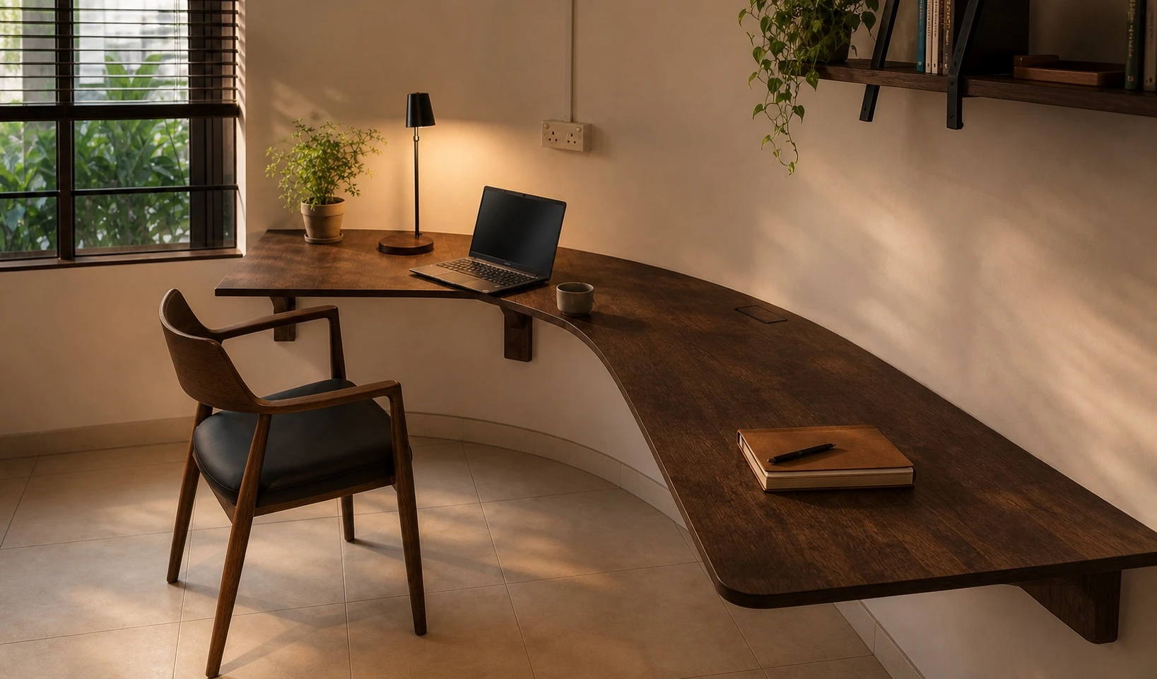 Curved wall-mounted solid-wood desk in a warm home workspace