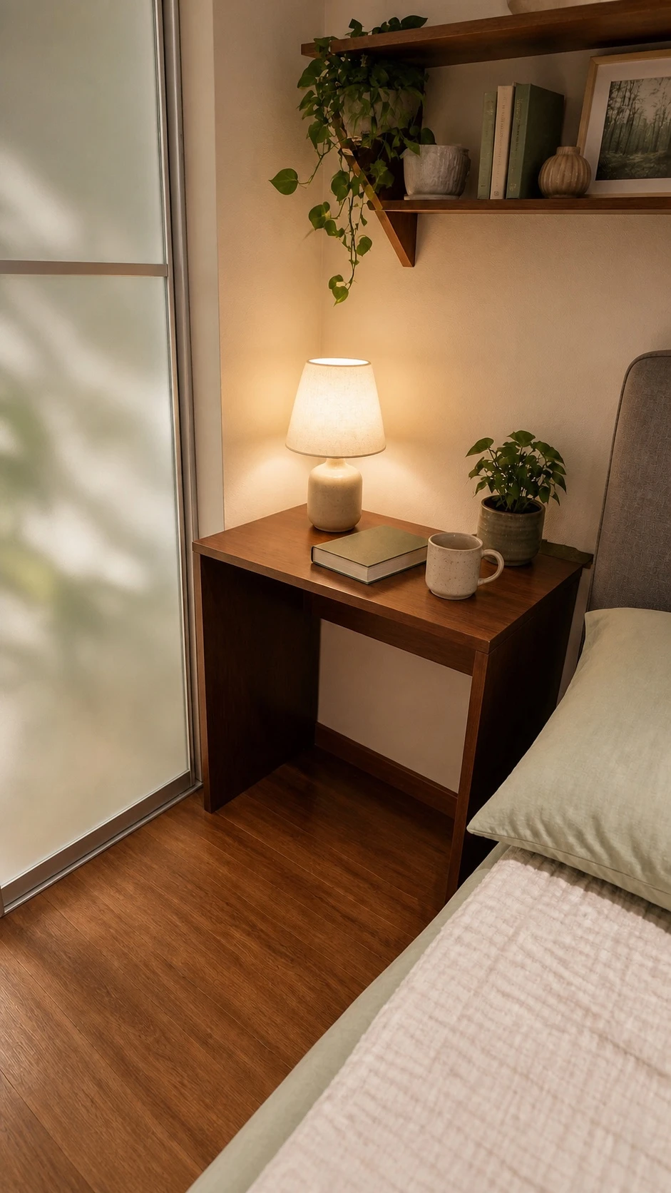 Compact solid-wood bedside desk in a warm bedroom
