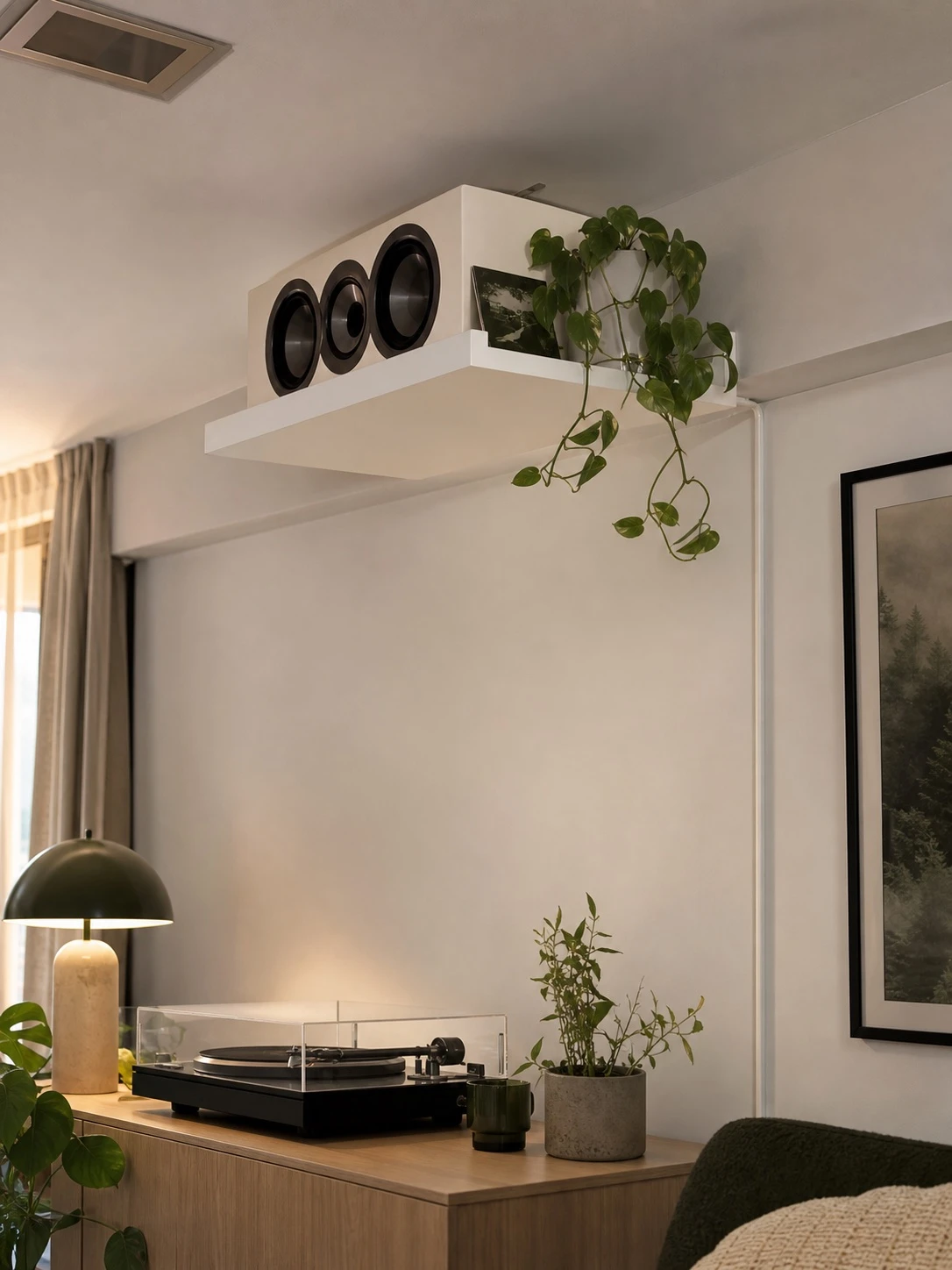 High wall-mounted shelf designed for audio equipment and decor