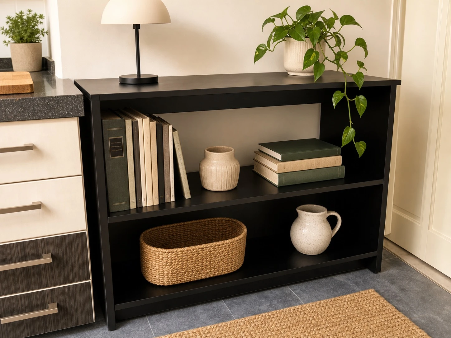 Low black freestanding bookcase styled with books, baskets and plants