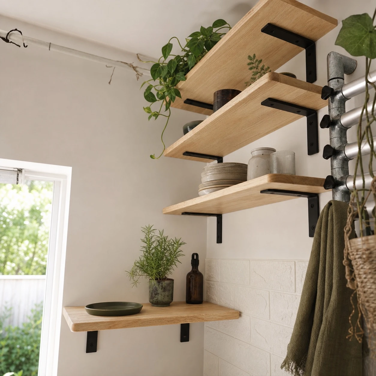 Natural timber wall shelves supported by black metal brackets
