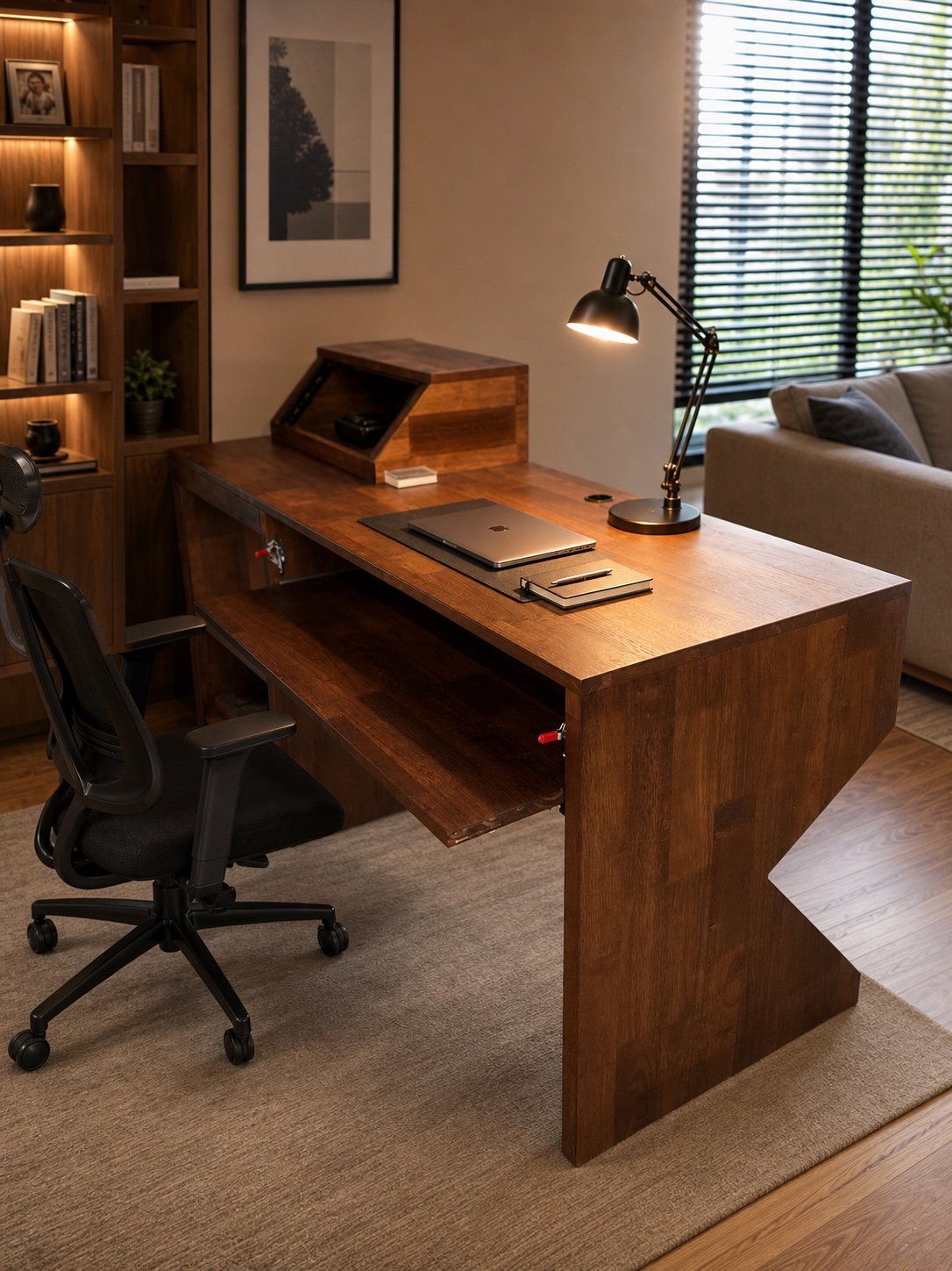 Executive desk beside full-height illuminated shelving