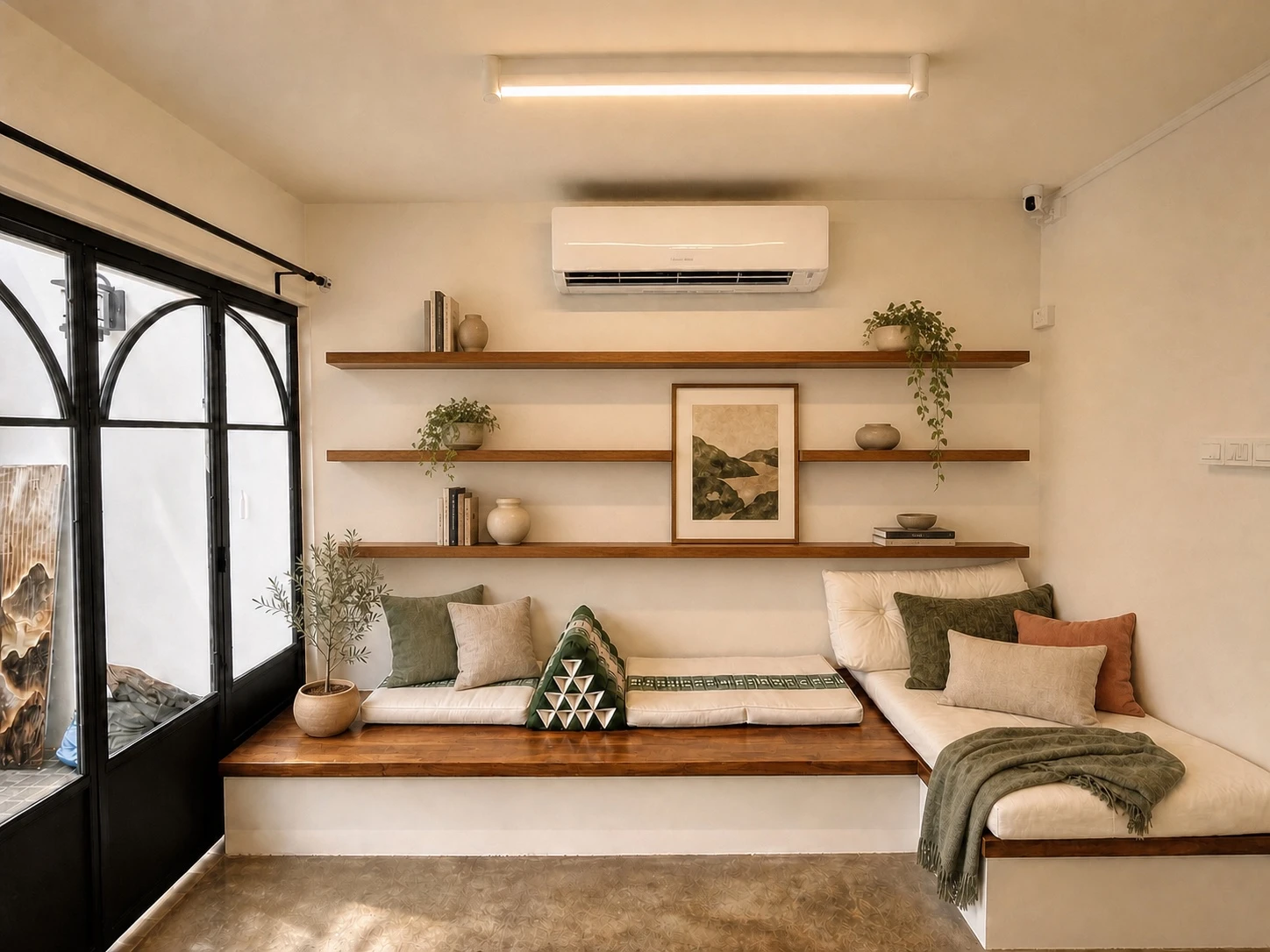 Three long floating solid-wood shelves above a window seat