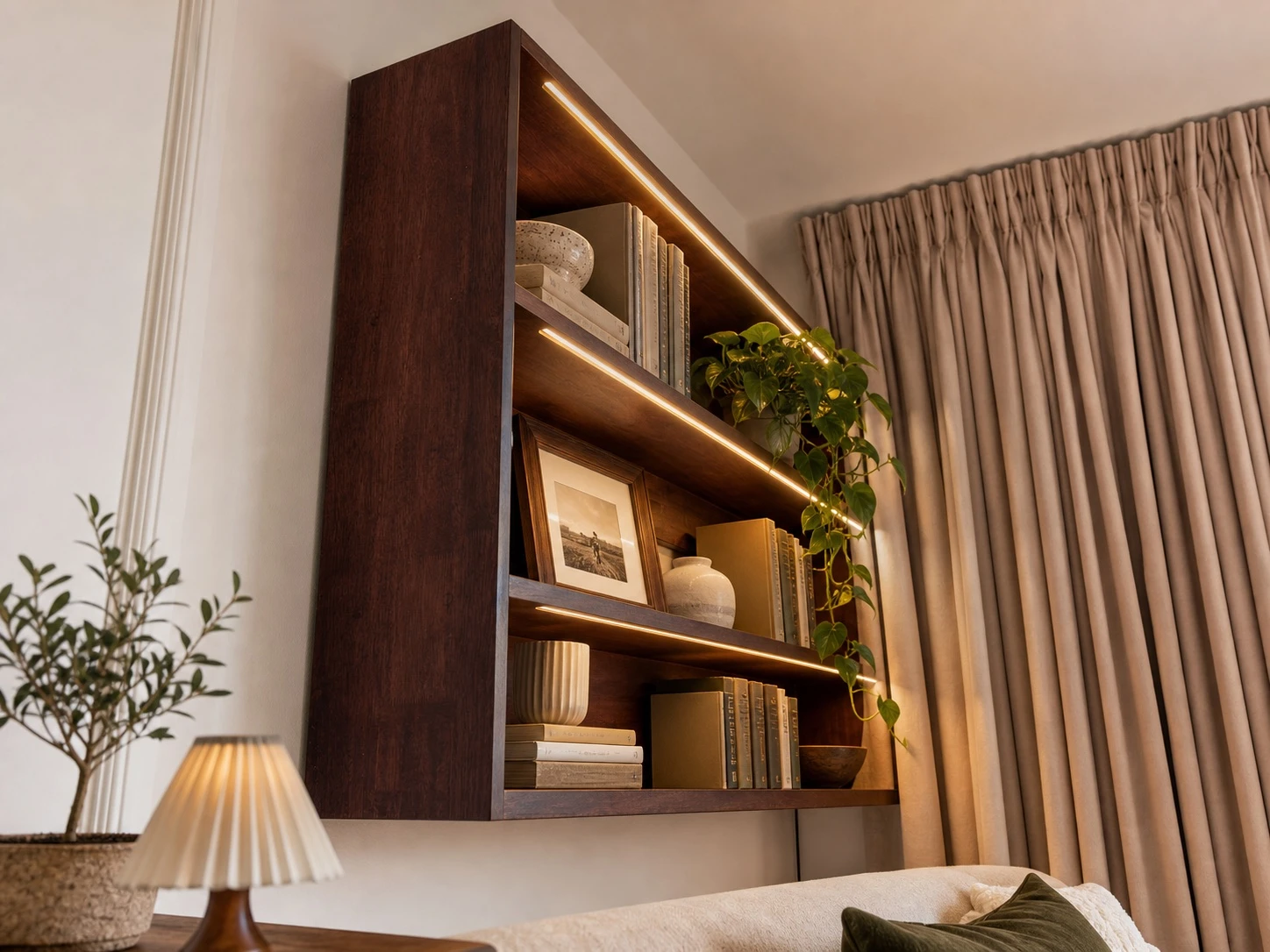 Dark solid-wood wall shelves with integrated warm lighting