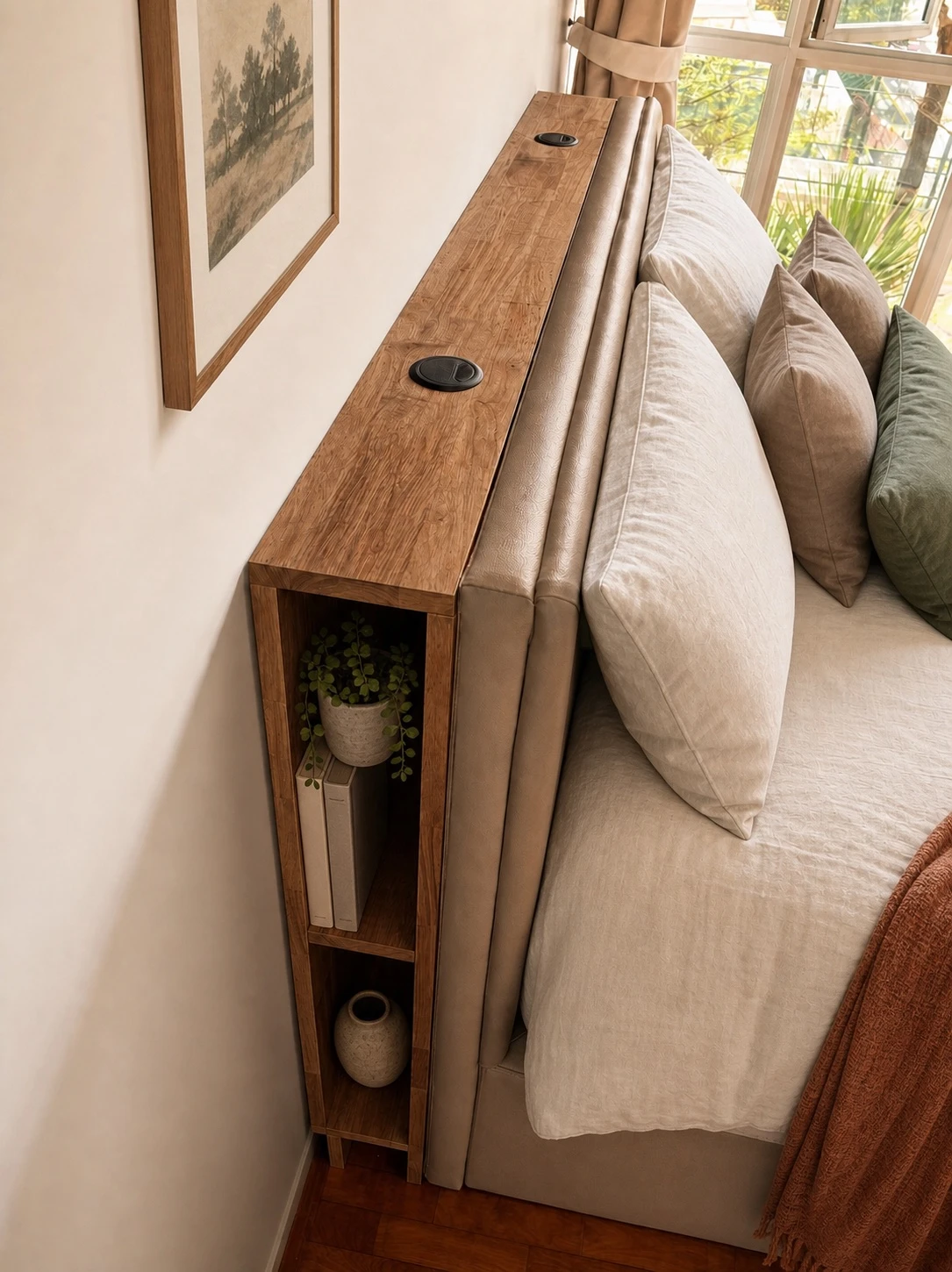 Slim custom shelf fitted behind a bed for books and small objects