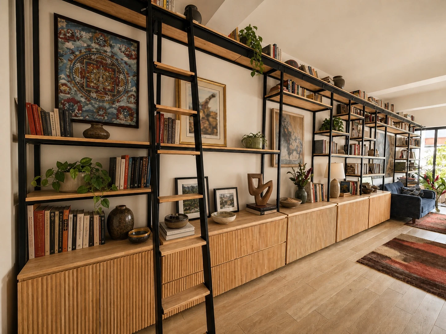 Full-height wall library with timber shelves, black supports and a rolling ladder