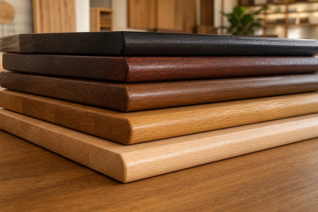 Stack of solid-wood samples showing different finishes and rounded edge profiles