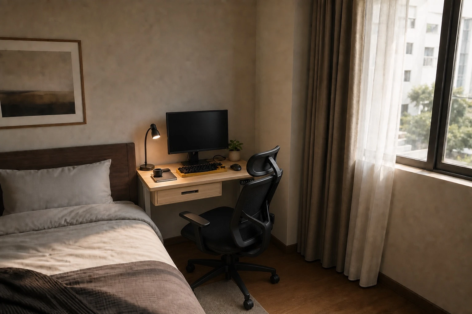 Compact adjustable-height desk in a warm home workspace
