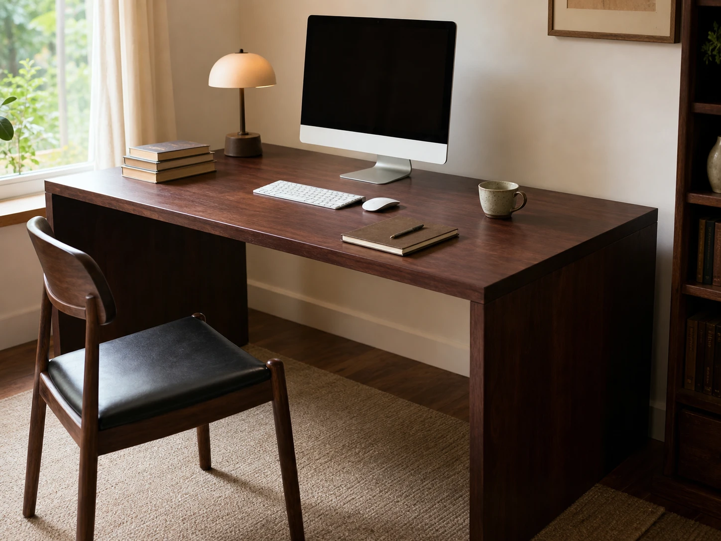 Solid-wood tabletop and matching panel legs styled as a calm home-office desk