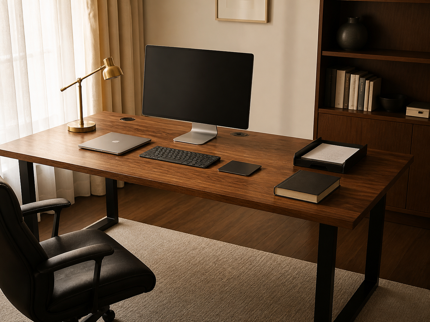 Solid-wood executive tabletop with a precisely positioned cable grommet