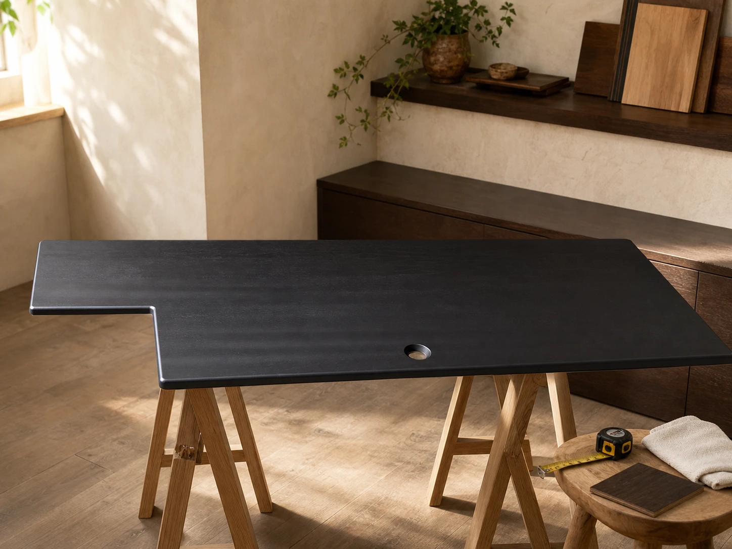 Black irregular solid-wood tabletop with a custom notch displayed in a refined workshop