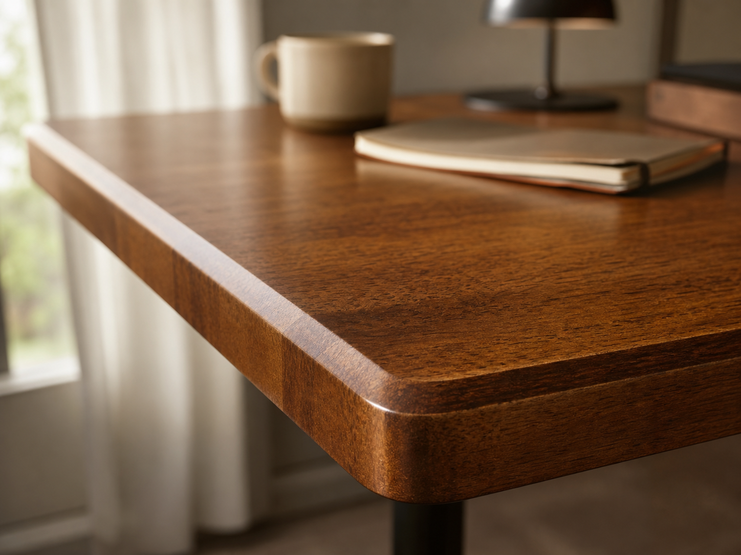 Close view of a rounded solid-wood tabletop edge and natural grain