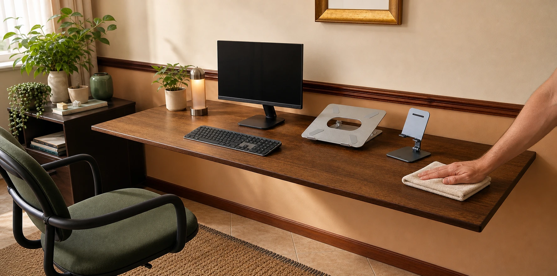 Hand cleaning a dark solid-wood wall-mounted desk with a folded cloth